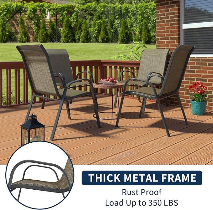 Amopatio Patio Chairs Set of 4, Outdoor Stackable Dining Chairs for All Weather, Dark Brown, Breathable Garden Outdoor Furniture for Backyard Deck