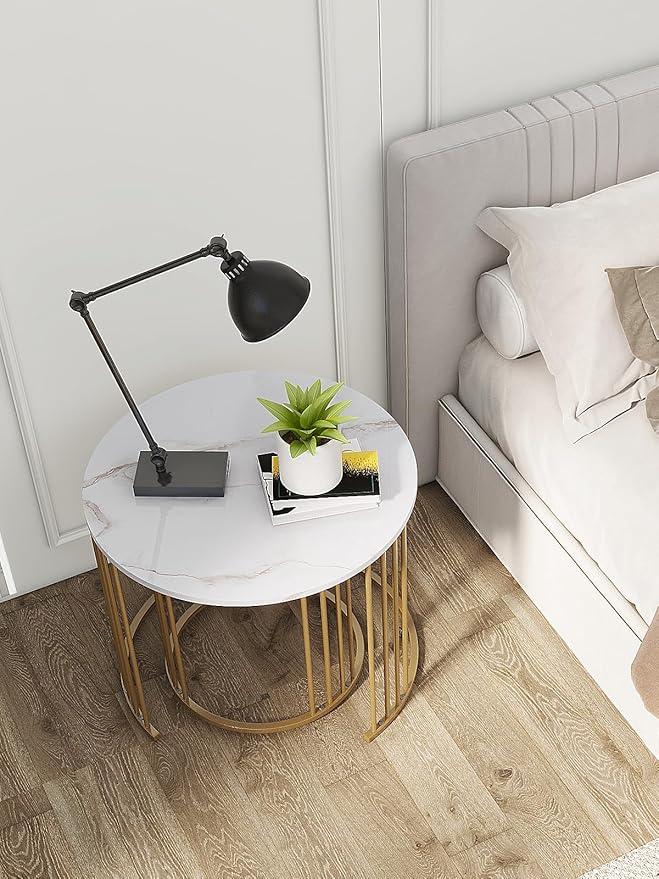 Nesting Coffee Table Set of 2, Round Table, Morden End Side Table Night Stand for Bedroom Dining Room (Marble White)