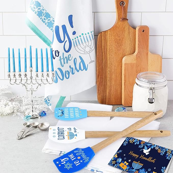 Hanukkah Silicone Spatula 3PCS Flexible Food Grade Gift Idea for Mom Heat Resistant Kitchen Utensil Home Decor Baking Housewarming Birthday Wedding with Wooden Handle and Ribbon Bow with greeting card