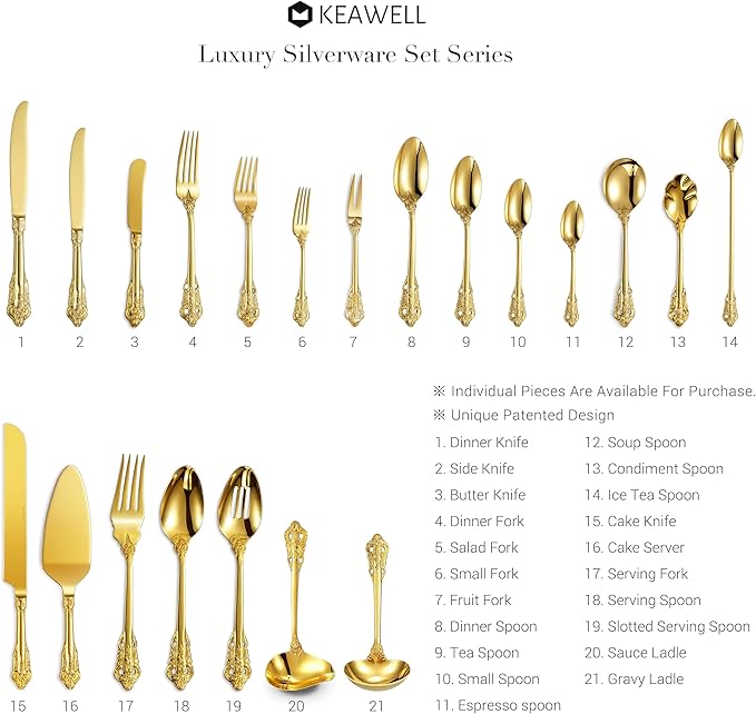KEAWELL Luxury 20 Pieces 18/10 Stainless Steel Flatware set, Service for 4, silver plated with gold accents, Fine Silverware set and Dishwasher Safe (Gold)