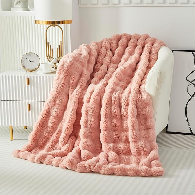 Faux Fur Throw Blanket for Couch Cozy Fuzzy Soft Plush Thick Fluffy Fleece Bubble Blanket for Sofa Bedroom Living Room, 51x63 Inches Pink