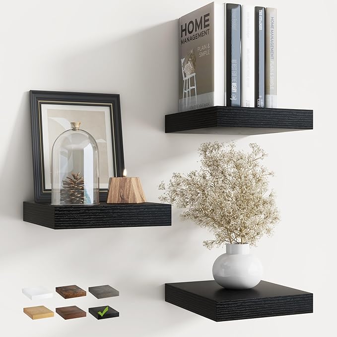 8 Inch Square Floating Shelves for Wall 3 Pack, 8"D Wood Grain Bathroom Shelves with Invisible Brackets, Easy Install Engineered Wood Storage Shelves for Kitchen, Living Room, Bedroom, Black Finish