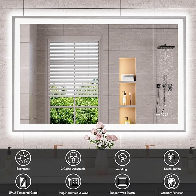 48x32 Silver LED Bathroom Mirror, Rectangle Brushed Nickel Lighted Mirror for Wall, Stepless Dimmable Led Vanity Mirror with Front-lit and Backlit, Tempered Glass, Anti-Fog, Memory