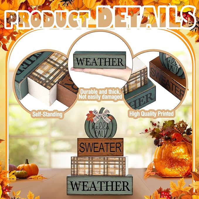 4 Pcs Fall Pumpkin Decor Fall Decorations for Home Thanksgiving Table Centerpiece Pumpkin Tiered Tray Decor Rustic Decorative Block Signs Farmhouse for Autumn Harvest Party Table Kitchen Home