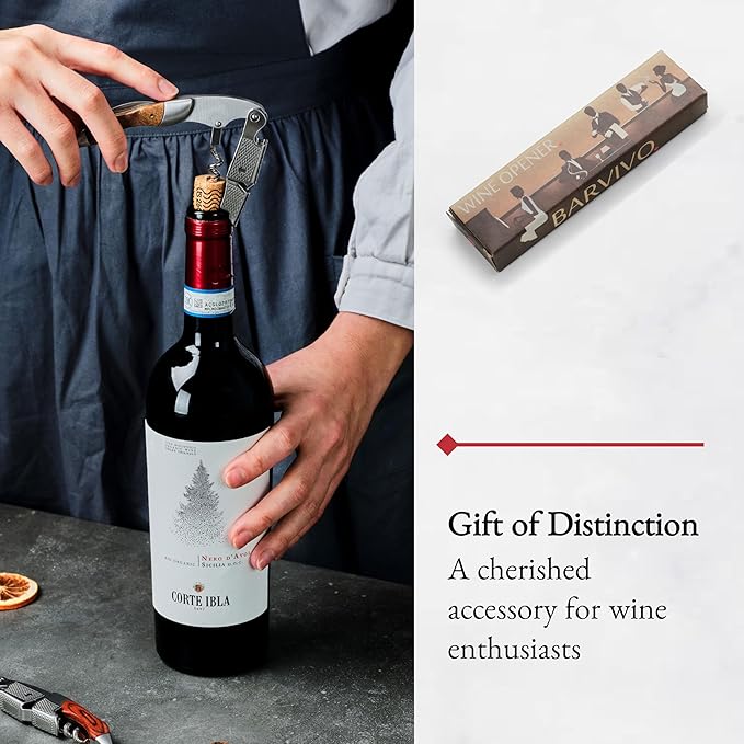 Barvivo Wine Bottle Opener with Double Hinged Corkscrew - 4.5-Inch Manual Wine Key with Foil Cutter and Cap Remover - Stainless Steel Bar Key Tool for Bartenders and Servers - Natural Rosewood Handle