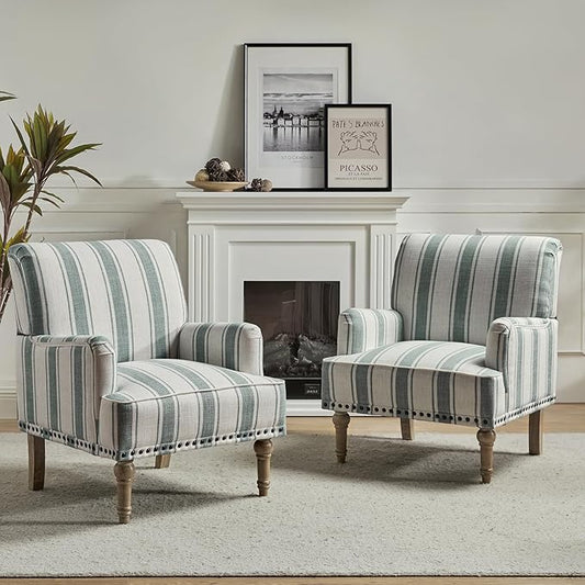 HULALA HOME Modern Armchairs Set of 2 with Wooden Legs & Nailhead Trim, Comfortable Upholstered Accent Chairs for Living Room Bedroom(Stripe Pattern, Blue)