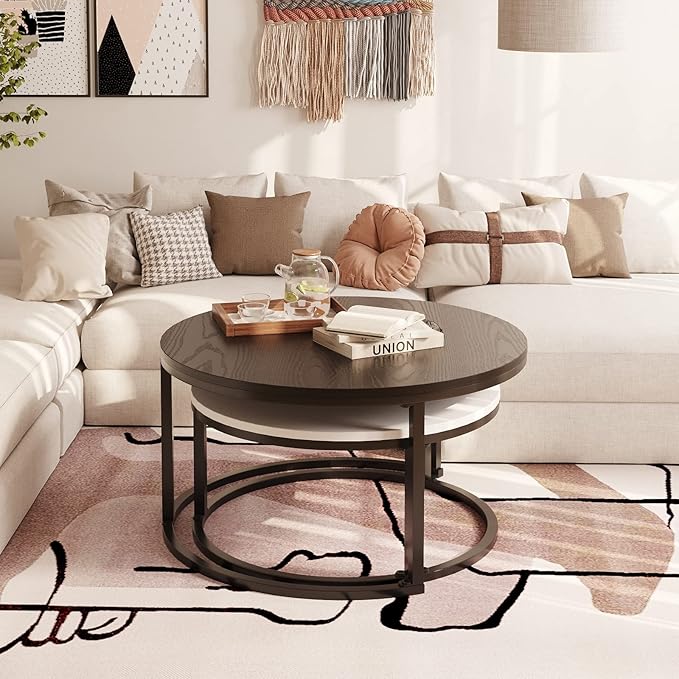 WiberWi Round Coffee Table, Nesting Tables Set of 2, Large : Ø 34.0", Small : Ø 26.0", Modern Design Furniture Side End Table for Living Room, Metal Frame Sofa Table Cocktail Table, Black & White