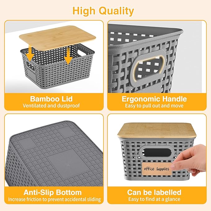 6 Pieces Gray Plastic Storage Baskets with Bamboo Lids with Labels Stackable Storage Containers for Organizing Shelves Drawers Desktop Closets Playroom Classroom Office