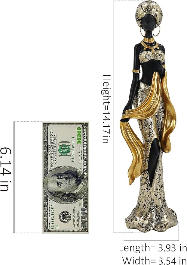 African Tribal Woman Statue with Golden Sash - Elegant Handmade Home Decor Sculpture, Vintage Aesthetic Figurine for Bookshelf & Table Display, Unique Housewarming Gifts for Women