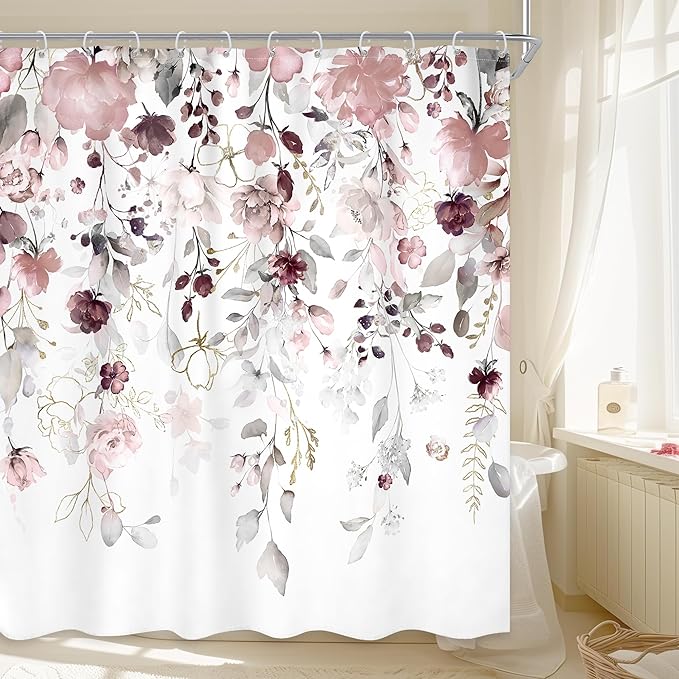 Floral Flower Shower Curtain 72Wx72L Inch Grey Pink Floral Blossom Leaves Girls Watercolor Eucalyptus Botanical Wildflower Plant Bathroom Set Rustic Bath Curtain Bathtub Accessories Home Decor