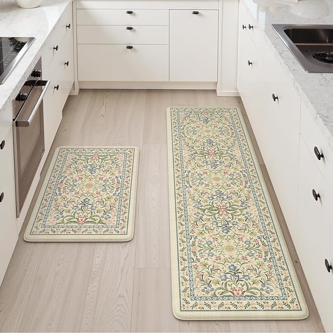 Collive Kitchen Mats for Floor, Cushioned Anti Fatigue Mat Non Skid Waterproof Kitchen Rugs Set of 2, Beige Vintage Comfort Standing Desk Rug for Office, Sink, Laundry, 17"x30"+17"x59"