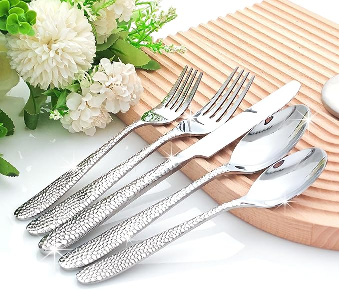 Hammered Silverware Set, CITESANA 40-Piece Heavy Duty Mirror Polished Stainless Steel Flatware Set Cutlery Set Flatware Service for 8