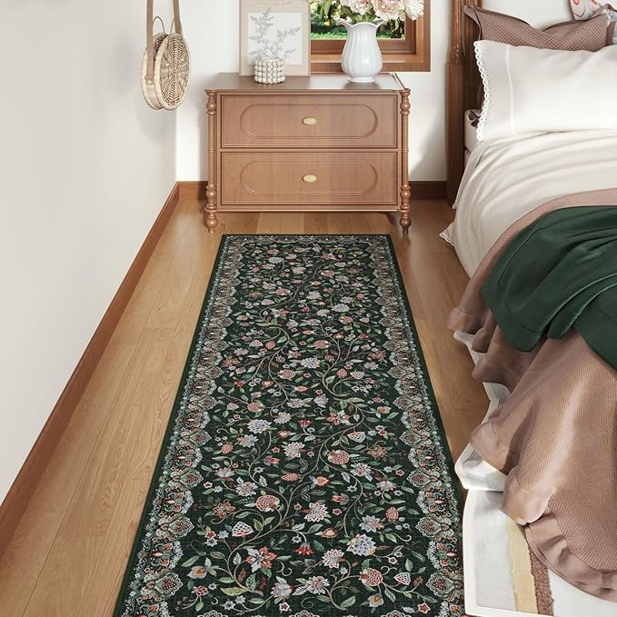 Rugcomf Vintage Paisley Kitchen Runner Rug 2'x6' - Machine Washable, Non-Slip Low Pile Floral Carpet for Laundry, Bedroom, Bathroom - Green