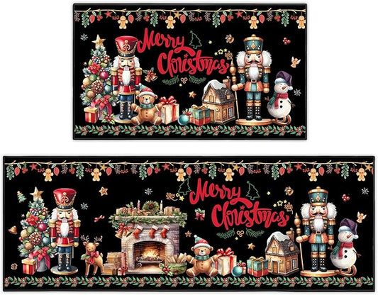 2 Piece Christmas Nutcracker Themed Kitchen Rug Set, Soft and Absorbent Non-Slip Kitchen Floor Mats, Winter Merry Christmas Decor 17x30+17x47 Inches