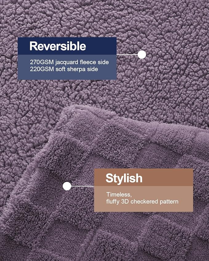 Pawque Super Soft Cozy Throw Blanket Queen Size for Couch Bed, Fluffy Sherpa Fleece Reversible Thick Warm Fuzzy Blanket for All-Season, 3D Checkered Jacquard Decorative Blankets, Purple, 90"x90"