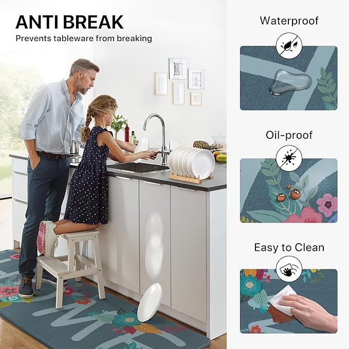 GENIMO Anti Fatigue Kitchen Mats for Floor, Non Slip Washable Home Theme Rugs Sets of 2, Farmhouse Cushioned Waterproof Comfort Runner Rug for Kitchen, Sink, Desk, Laundry, 17"x 59"+17"x 30", Blue