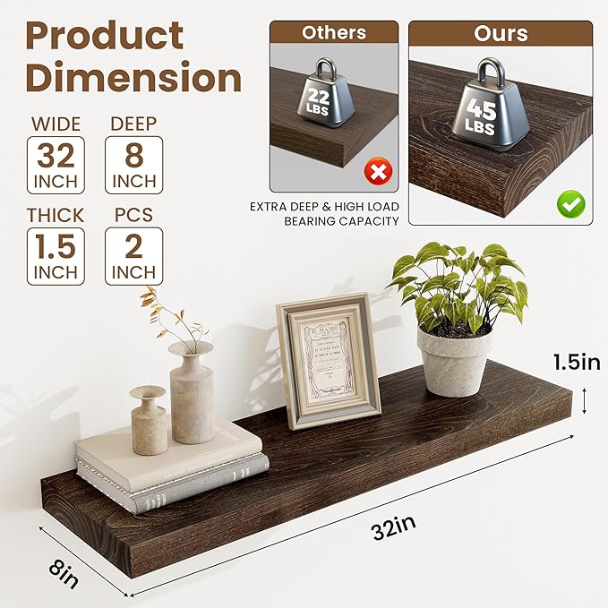 Floating Shelves, 8" Deep Rustic Solid Elm Wood Wall Mounted Floating Shelves, Wall Shelves with Invisible Bracket for Living Room Bathroom Bedroom Kitchen, 32 Inch Set of 2, Walnut