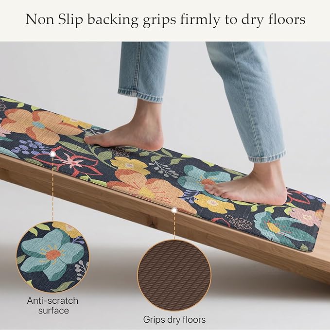 GENIMO Kitchen Mats for Floor 2PCS, Cushioned Kitchen Rugs Non Slip Washable, Farmhouse Anti Fatigue Mat Waterproof, Comfort Standing Mat Rug for Office, Home, Laundry, 17.3"x47"+17.3"x30", LightBlack