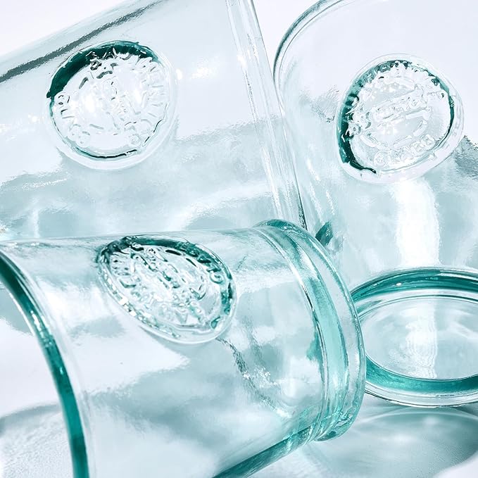 Small Drinking Glasses 8 Oz, Made Of 100% Recycled Glass Drinking Glasses Set Of 6, Authentic Embossed Old Fashioned Glasses, Ideal for Water, Milk, Juice, Espressos, Made In Spain.