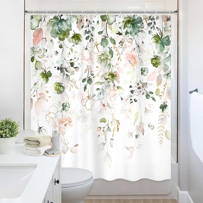 Summer Green Pink Floral Flower Shower Curtain 60Wx72L Inch Spring Floral Eucalyptus Leaves Wildflower Gold Plant Pretty Botanical Bathroom Set Girl Bath Curtain Bathtub Accessories Home Decor