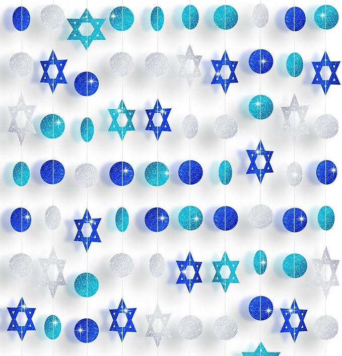 MARFOREVER Hanukkah Decorations Hanging Swirls 5 PCS 41 Ft Chanukah Decorations Glitter Blue White Star of David Streamers Hanukkah Garland for Jewish Party Home Wall Ceiling Decor