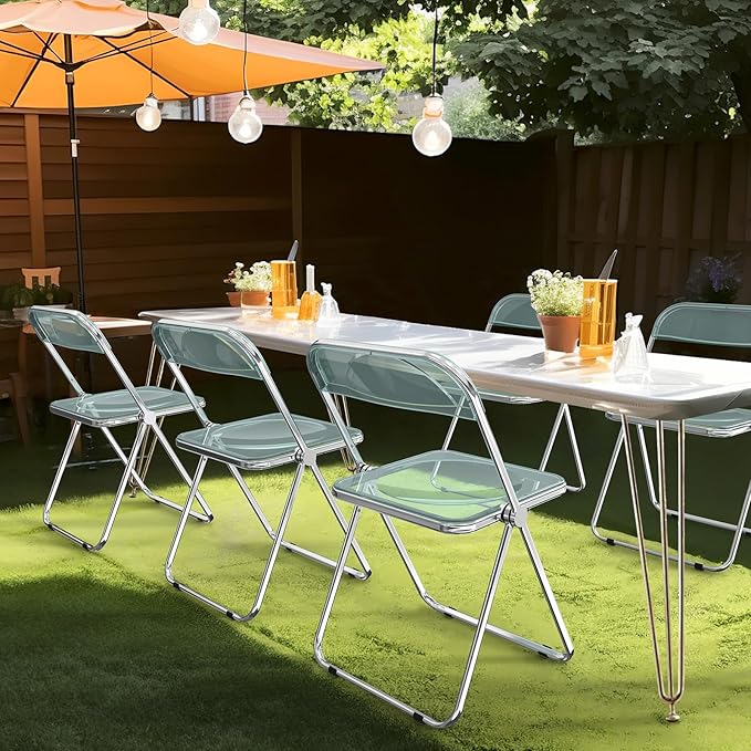 VINGLI Acrylic Folding Chairs 2 Pack, Clear Chair Foldable and Stackable, Plastic Panel & Metal Chrome Frame, Weight Capacity 350 lbs, Blue Green