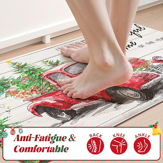 Christmas Truck Xmas Tree Kitchen Mat 2PCS, Cushioned Anti-Fatigue Non Skid Waterproof Kitchen Mats for Floor, Comfort Standing Mat Winter Decor for Office Desk Laundry, 17"x30"+17"x47"