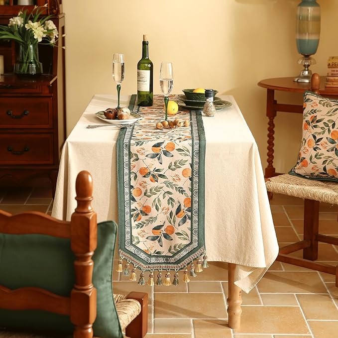 patdrea Designer Vintage Fresh Farmhouse Extra Long Linen Table Runner 118 Inch Long, Green and Orange Pattern Table Mat, Decor for Kitchen Dining Table Coffee Table Cabinet Christmas,16"*118"
