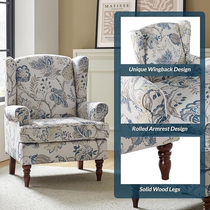 HULALA HOME Wingback Accent Chair with Retro Wood Legs, Traditional Fabric Armchair for Living Room Bedroom, Comfy Upholstered Single Sofa Chair Reading Chair with Unique Pattern Design, Blue