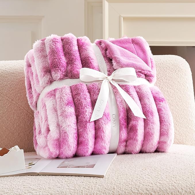 Cozy Bliss Faux Fur Throw Blanket for Couch, Cozy Warm Plush Striped Blanket for Sofa Bedroom Living Room, 90 * 90 Inches Tie-dye Pink