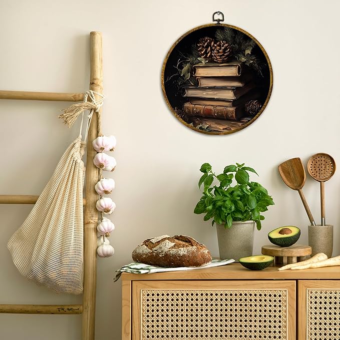 QZQE Rustic Christmas Round Wall Art Decor Framed, Vintage Christmas Pinecones Book Canvas Prints, Dark Academia Bookish Cottagecore Wall Hanging Decor for Library Reading Room Home, 10x10 Inch