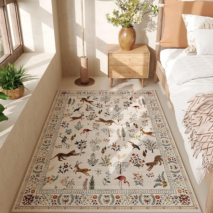 Rugcomf Area Rug 4x6 Rug Washable Boho Rugs Non Slip Low Pile Floral Animal Small Carpet for Bedroom, Bedside, Kids Room, Office, Dining Room (Beige)