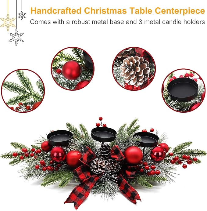 Christmas Table Centerpieces Decorations, 27.5 Inch Designed with Golden Bowknot Baubles Ornaments, Artificial Golden Berries and Pine Cones for Dining Room Table (Red Ball)