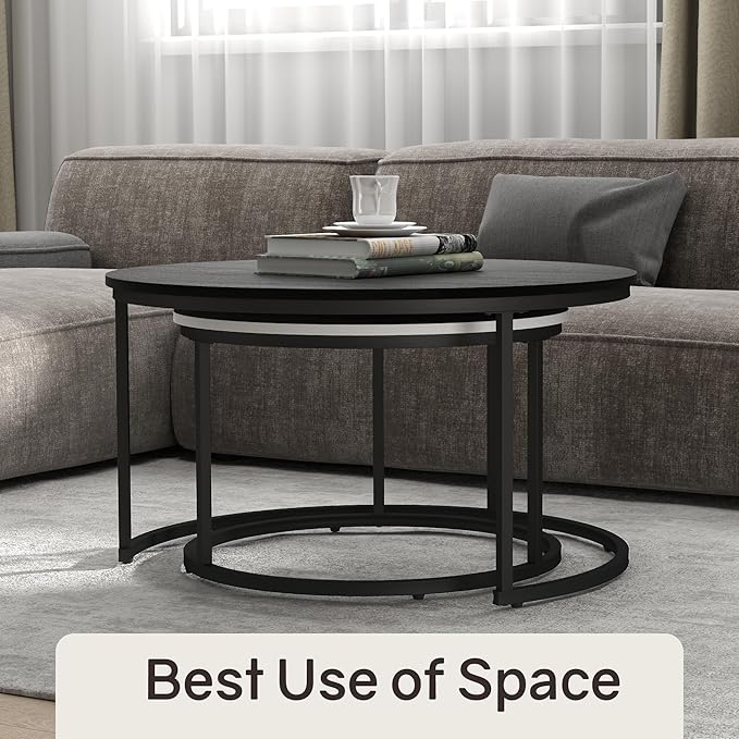 Nesting Tables Set of 2, 31.5" Round Coffee Table, Small Nesting Coffee Table with Adjustable Non-Slip Fee, Wood Grain Top Nesting Tables for Living Room, Bedroom (Wood Grain Black&White)