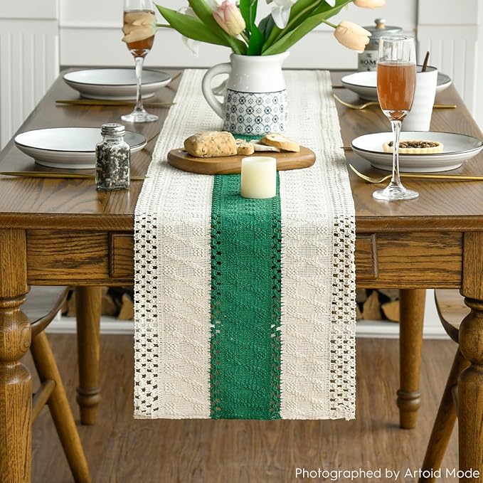 Artoid Mode Dark Green Farmhouse Rustic Table Runner, Seasonal Holiday Hollow Kitchen Dining Table Decoration for Home Party Decor 12x48 Inch