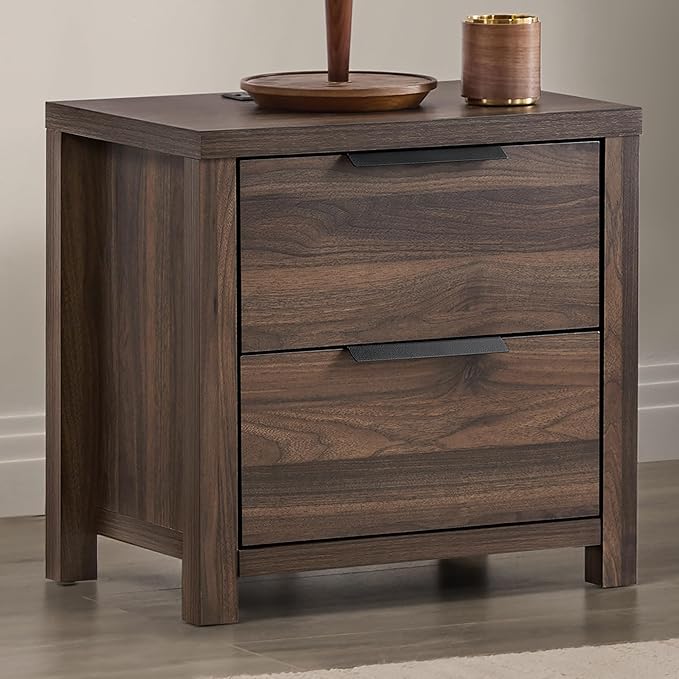 21" Farmhouse Nightstand with Charging Station 2 Drawers Large End Table with Metal Handle Rustic Low Night Stand Wood Dresser for Living Room Bedroom Closet,Walnut