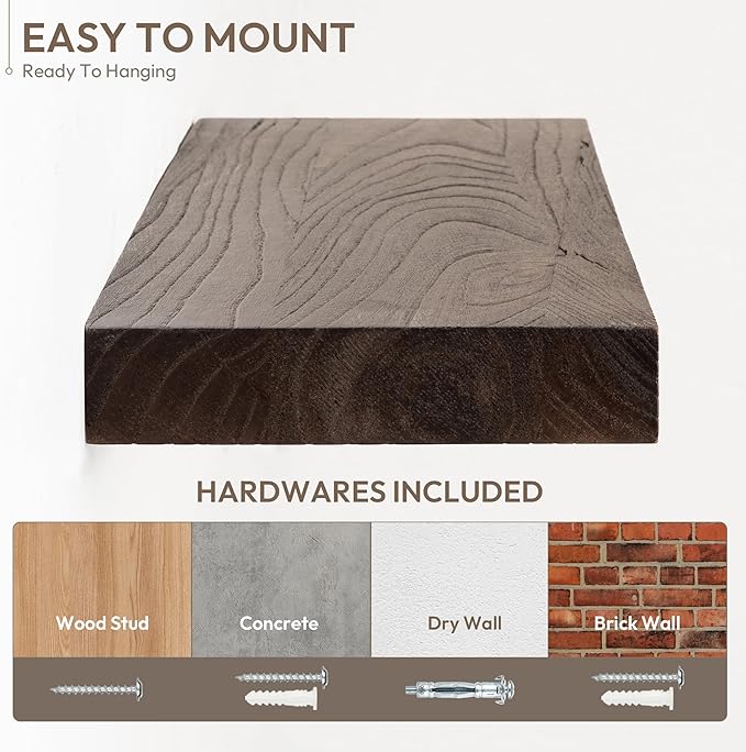 Marsmiles 40 inch Floating Shelves for Wall Solid Elm Wood Wall Mounted Shelves|Rustic Long Floating Shelves with Invisible Bracket for Bathroom Living Room Kitchen|Walnut, 1 Pack