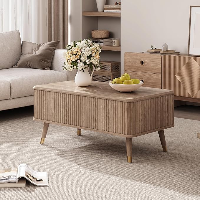 Lift Top Coffee Table, Mid Century Modern Coffee Table with Hidden Compartment, Fluted Lift Tabletop Center Table for Living Room, Home Office, Oak