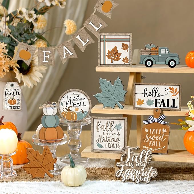 21 Pcs Fall Tiered Tray Decoration Set Thanksgiving Table Sign Pumpkins Farmhouse Decor Gnome Maple Leaves Centerpieces Harvest Wood Blocks Signs Fall Block Tabletop for Autumn(Classic)
