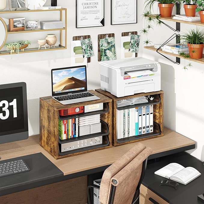 Simple Trending Desk File Organizers, 4-Tier Letter Tray Paper Organizer with File Holder, Wooden Paper Sorter for Office Supplies, Rustic Brown