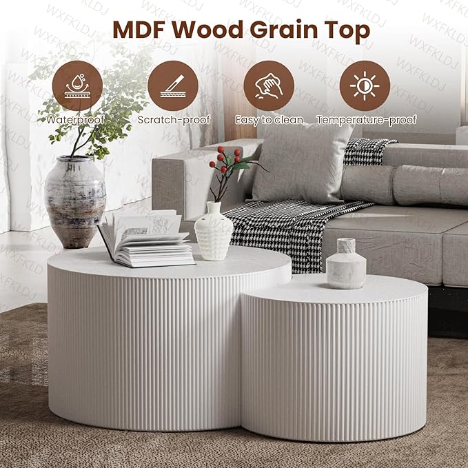 Nesting Coffee Table Set of 2 Modern Round Coffee Table with Non-Slip Feet Wood Drum Circle Accent Tables End Table Set for Living Room Bedroom Office (White Crescent Set)