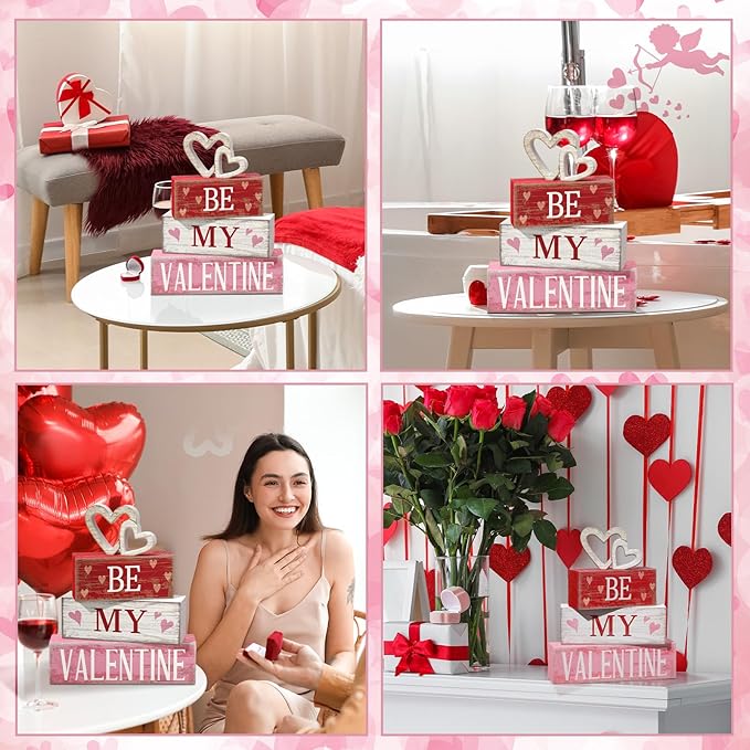 4 Pcs Valentine Decorations Valentine Wooden Sign Love Table Centerpiece Tiered Tray Decor Decorative Faux Book Stack Block for Coffee Table Fireplace Mantel Floating Shelf