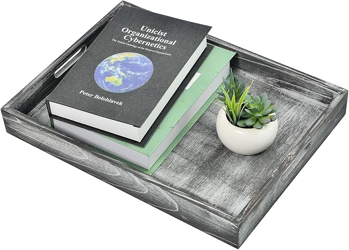 Rustic Distressed Wood Food Breakfast Serving Tray Octagon Serving Tray in Bed with Cutout Carrying Handles Coffee Office Desktop Document Holder Home Kitchen (Grey)