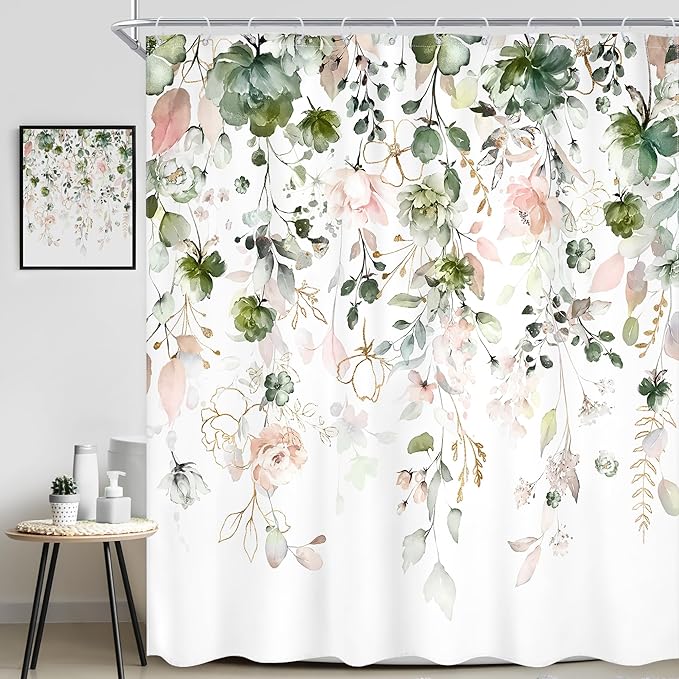 Green Pink Floral Flower Shower Curtain 72Wx84L Inch Summer Wildflower Rustic Eucalyptus Leaves Watercolor Plant Bathroom Set Elegant Botanical Bath Curtain Bathtub Accessories Home Decor