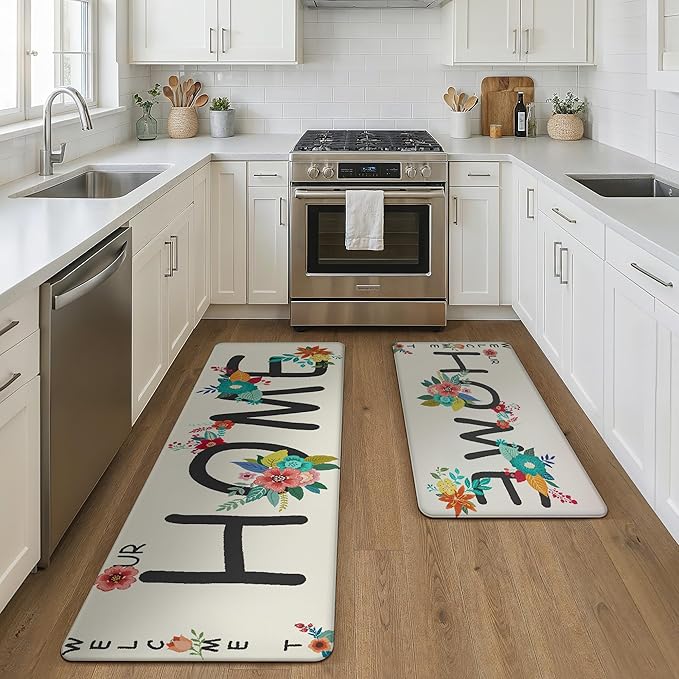 GENIMO Anti Fatigue Kitchen Mats for Floor, Non Slip Washable Home Theme Rugs Sets of 2, Farmhouse Cushioned Waterproof Comfort Runner Rug for Kitchen, Sink, Desk, Laundry, 17"x 59"+17"x 30", White