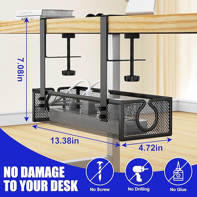 REFLYING Under Desk Cable Management Tray, Metal Long Arms(3.9in), No Drill Mesh Desk Cable Tray, Wire Management Tray Cable Management Box for Office, Desk Cable Tray Wire Organizer, 1 Pack, Black