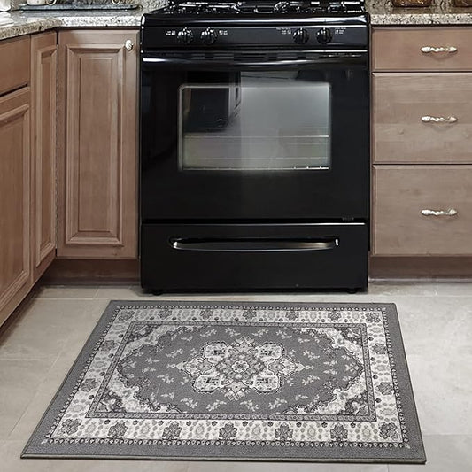 Antep Rugs Alfombras Oriental Traditional 2x4 Non-Skid (Non-Slip) Low Profile Pile Rubber Backing Kitchen Area Rugs (Gray, 2'3" x 4')