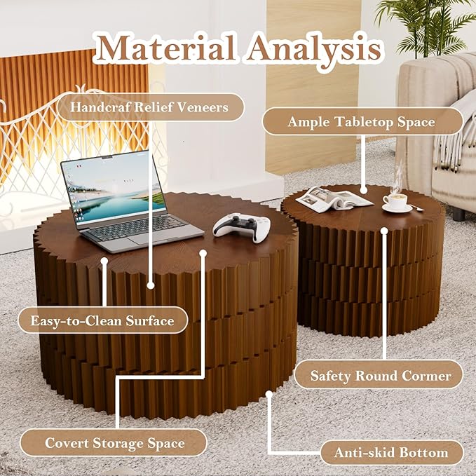 Round Nesting Tables - Handcraft Relief Veneered Walnut Fluted Circular Coffee Table Set of 2 with Non-Slip Bottom Pads for Living Room Balcony Bedroom Study (B 26.8+19.7in)