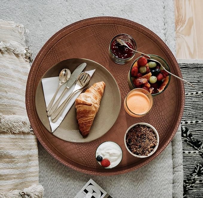 HofferRuffer Round Serving Tray 20'', Elegant Faux Leather Circle Ottoman Table Tray, Serve Tea Coffee Breakfast in Bedroom Living Room Kitchen (Brown)