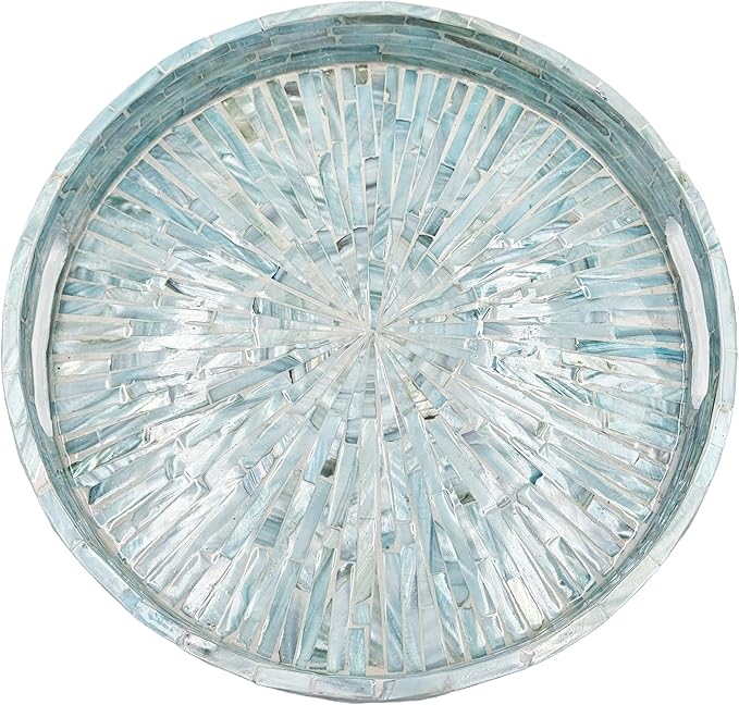 PEMAR 12.6” Mother of Pearl Round Serving Tray with Handles, Decorative Nacred Wooden Ottoman Coffee Table Tray (Teal Sunlight)